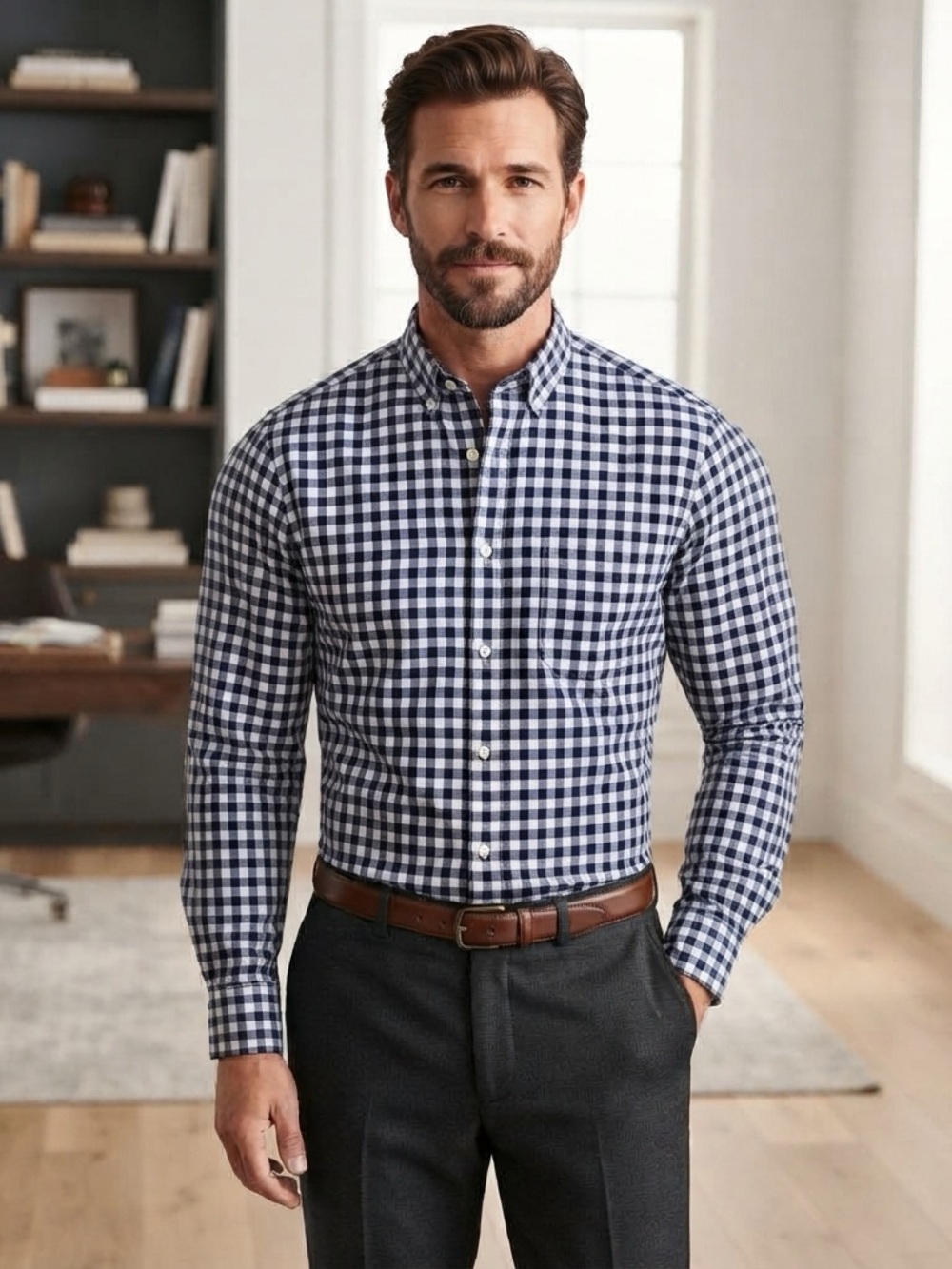 J.Crew Men's Secret Wash Stretch Gingham Button Down Shirt Medium Navy Preppy